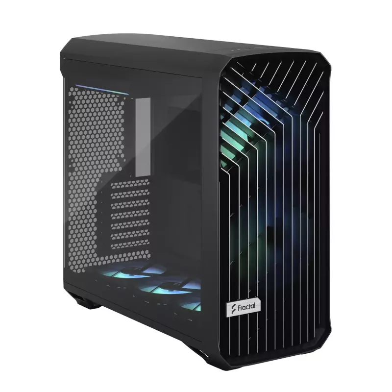 Obudowa PC Tower Fractal Design Torrent Tower Black — obsługuje ATX/EATX/ITX, 2x wentylatory 180mm z przodu, 2x zatoki 3,5 cala, 4x zatoki 2,5 cala, szkło hartowane