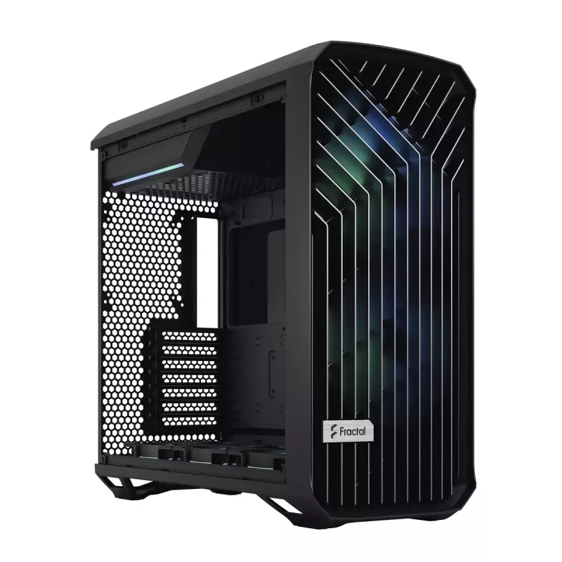Obudowa PC Tower Fractal Design Torrent Tower Black — obsługuje ATX/EATX/ITX, 2x wentylatory 180mm z przodu, 2x zatoki 3,5 cala, 4x zatoki 2,5 cala, szkło hartowane