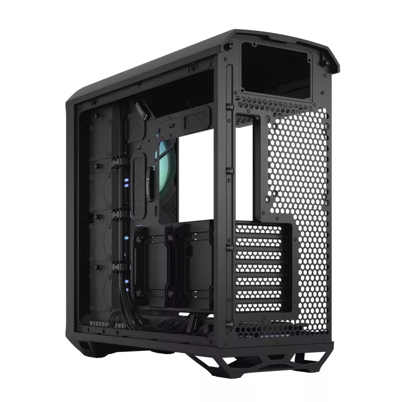 Obudowa PC Tower Fractal Design Torrent Tower Black — obsługuje ATX/EATX/ITX, 2x wentylatory 180mm z przodu, 2x zatoki 3,5 cala, 4x zatoki 2,5 cala, szkło hartowane