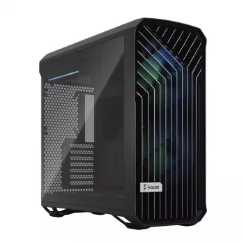 Obudowa PC Tower Fractal Design Torrent Tower Black — obsługuje ATX/EATX/ITX, 2x wentylatory 180mm z przodu, 2x zatoki 3,5 cala, 4x zatoki 2,5 cala, szkło hartowane