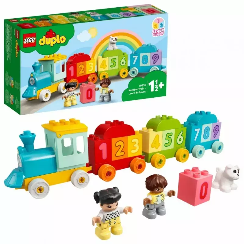 LEGO DUPLO pociąg z cyframi 10954 – pociąg edukacyjny z numerowanymi wagonikami do nauki liczenia i sortowania