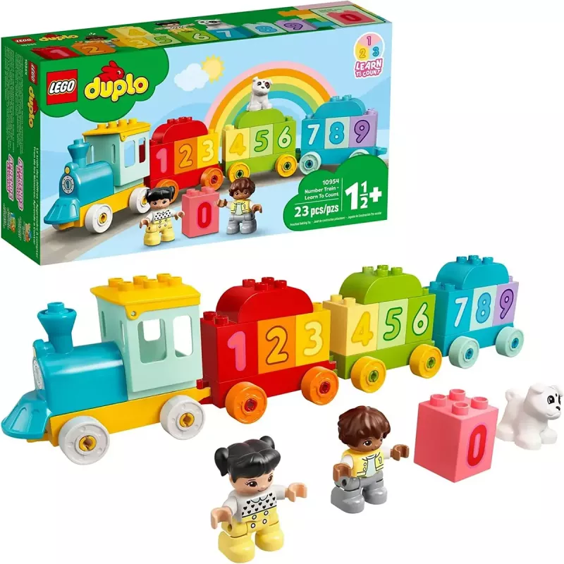 LEGO DUPLO pociąg z cyframi 10954 – pociąg edukacyjny z numerowanymi wagonikami do nauki liczenia i sortowania