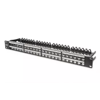 DIGITUS Modularny panel krosowy, ekranowany 48-portowy, pole opisowe, 1U, montaż w szafie rack, kolor czarny RAL 9005