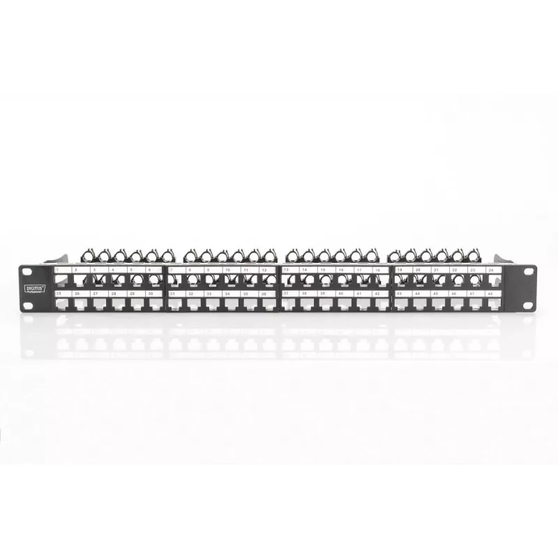 DIGITUS Modularny panel krosowy, ekranowany 48-portowy, pole opisowe, 1U, montaż w szafie rack, kolor czarny RAL 9005