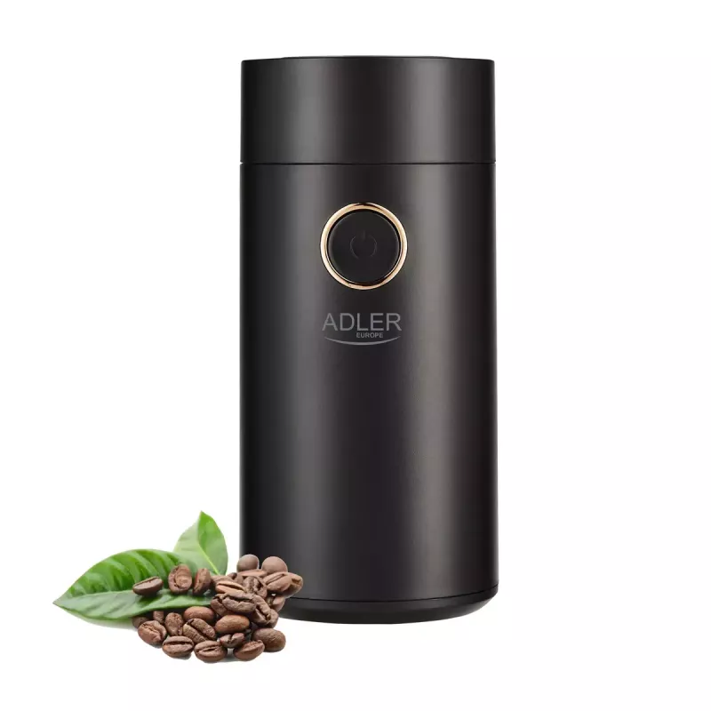 Młynek do kawy żarnowy Adler AD 4446bg — 150 W, pojemnik na ziarna 75 g, żarna ze stali nierdzewnej, sterowanie przyciskowe, czarny