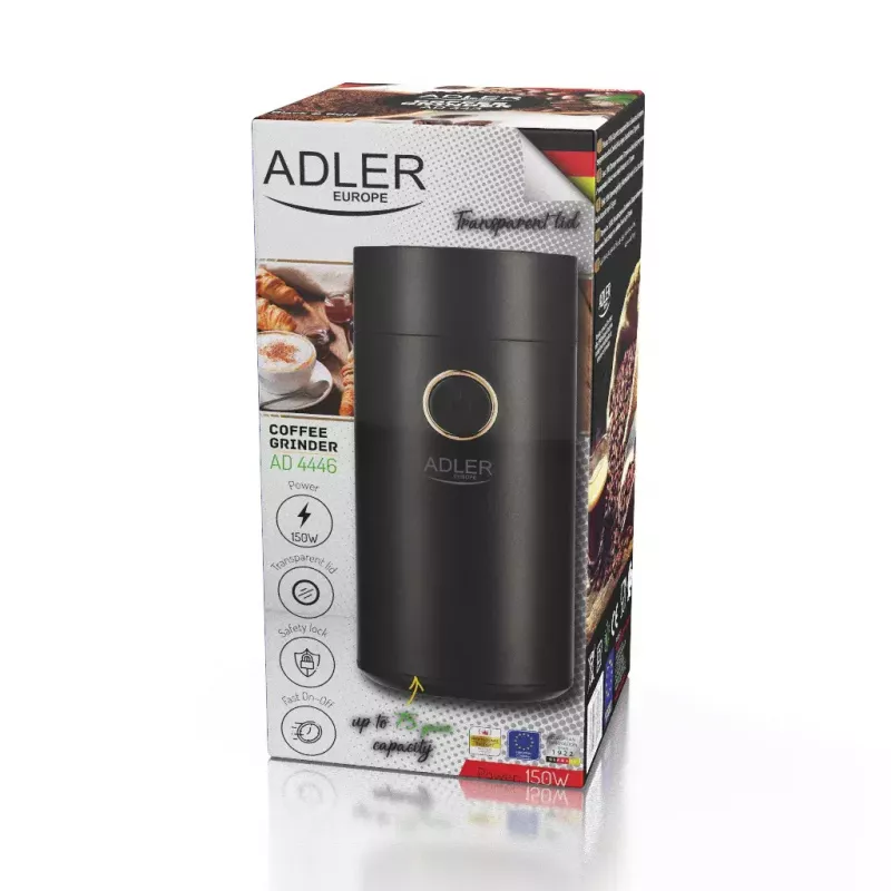 Młynek do kawy żarnowy Adler AD 4446bg — 150 W, pojemnik na ziarna 75 g, żarna ze stali nierdzewnej, sterowanie przyciskowe, czarny
