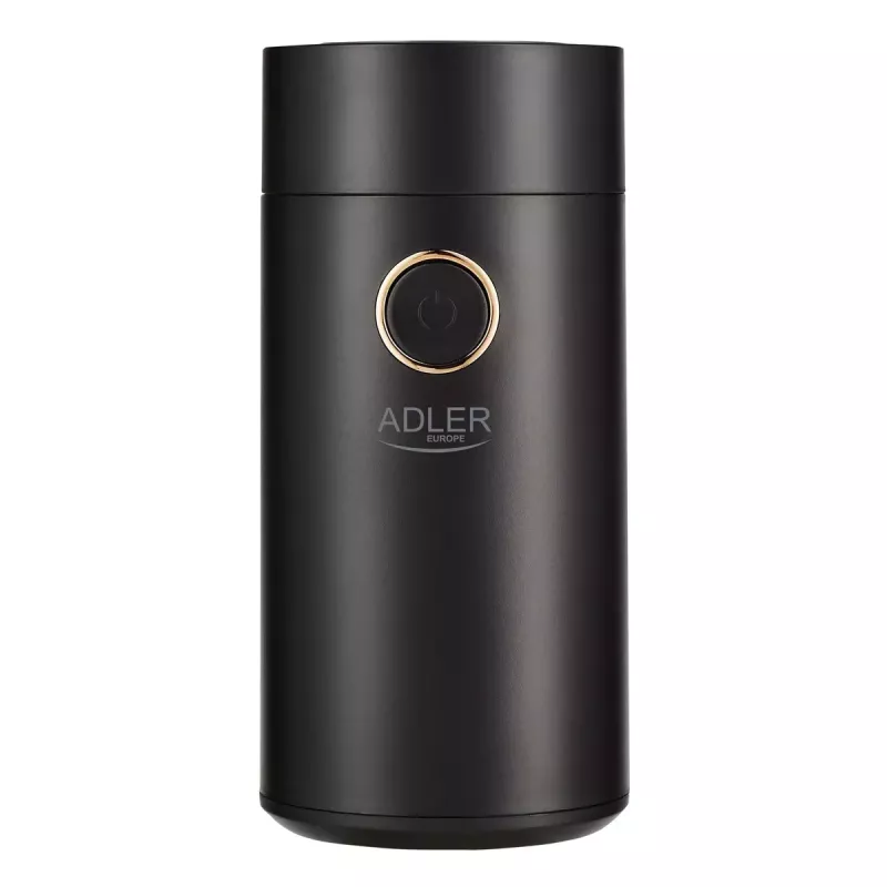 Młynek do kawy żarnowy Adler AD 4446bg — 150 W, pojemnik na ziarna 75 g, żarna ze stali nierdzewnej, sterowanie przyciskowe, czarny