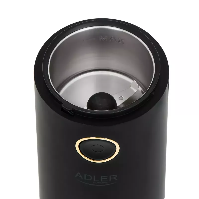 Młynek do kawy żarnowy Adler AD 4446bg — 150 W, pojemnik na ziarna 75 g, żarna ze stali nierdzewnej, sterowanie przyciskowe, czarny