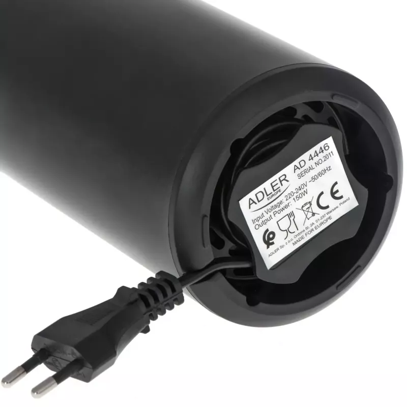 Młynek do kawy żarnowy Adler AD 4446bg — 150 W, pojemnik na ziarna 75 g, żarna ze stali nierdzewnej, sterowanie przyciskowe, czarny