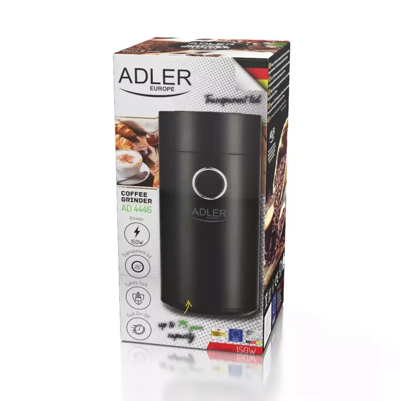 Burr grinder Adler AD4446BS — 150 W, stainless steel burrs, 75 g bean hopper, Czarny