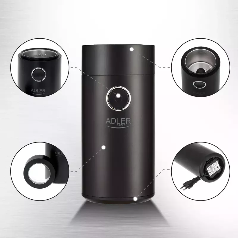Burr grinder Adler AD4446BS — 150 W, stainless steel burrs, 75 g bean hopper, Czarny