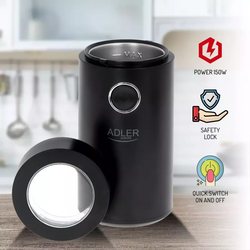 Burr grinder Adler AD4446BS — 150 W, stainless steel burrs, 75 g bean hopper, Czarny