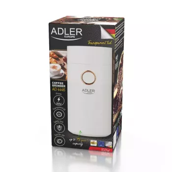 Młynek żarnowy Adler AD4446WG — elektryczny młynek do kawy, stalowe żarna, pojemnik na 75 g, 150 W, biały