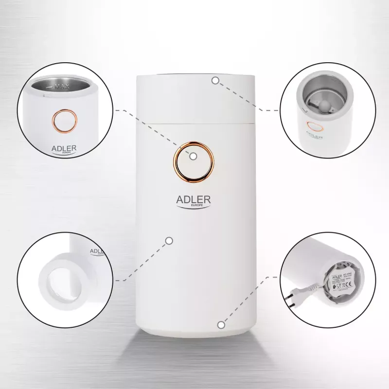 Młynek żarnowy Adler AD4446WG — elektryczny młynek do kawy, stalowe żarna, pojemnik na 75 g, 150 W, biały