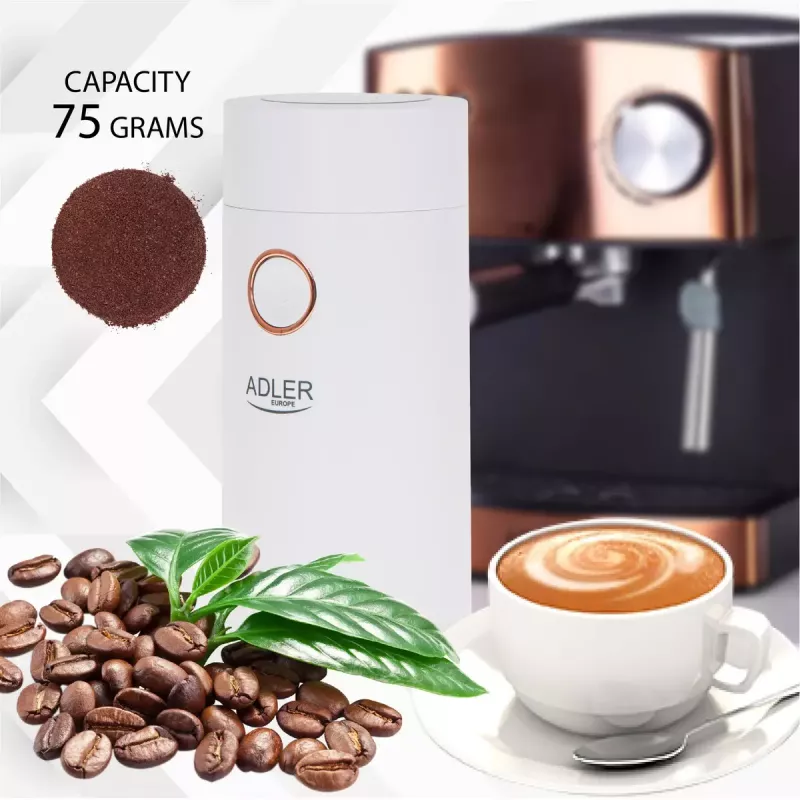 Młynek żarnowy Adler AD4446WG — elektryczny młynek do kawy, stalowe żarna, pojemnik na 75 g, 150 W, biały