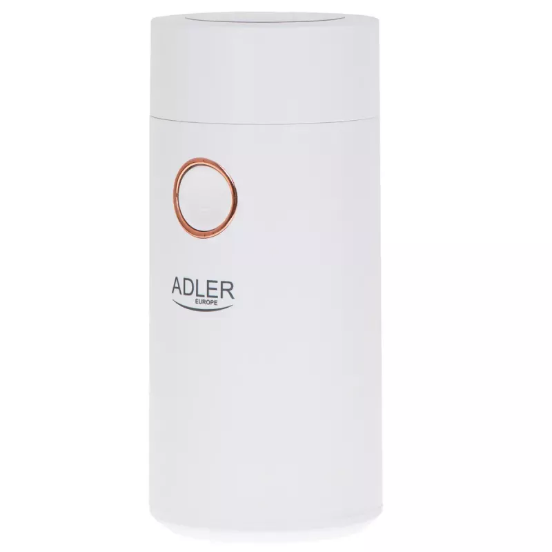 Młynek żarnowy Adler AD4446WG — elektryczny młynek do kawy, stalowe żarna, pojemnik na 75 g, 150 W, biały