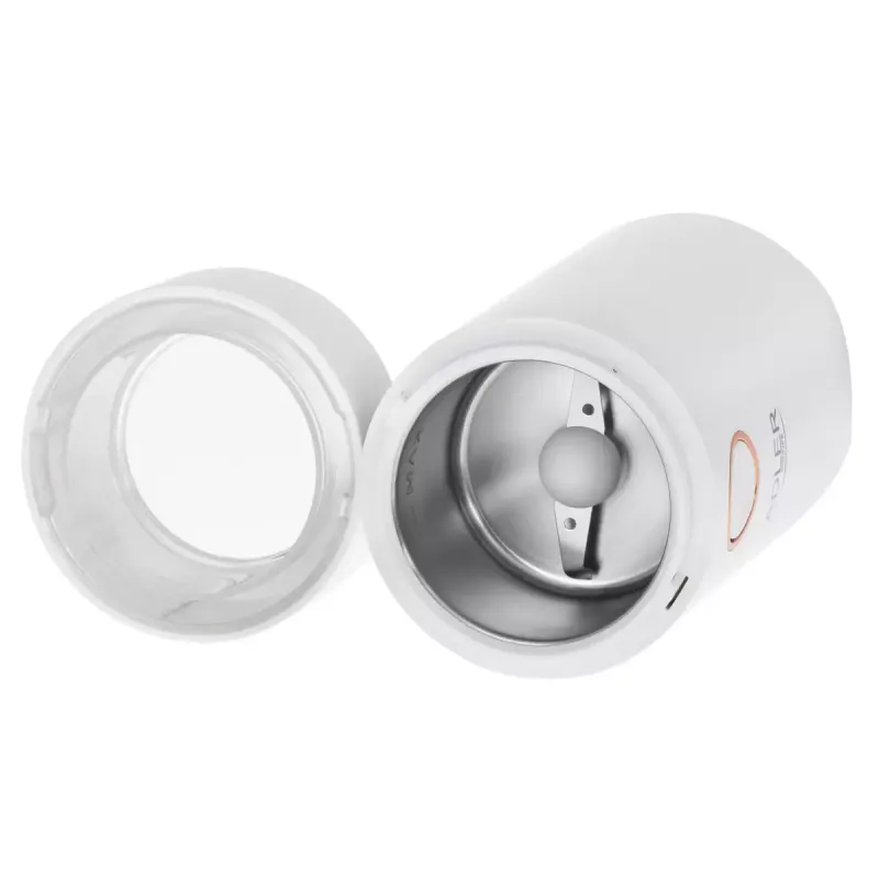 Młynek żarnowy Adler AD4446WG — elektryczny młynek do kawy, stalowe żarna, pojemnik na 75 g, 150 W, biały