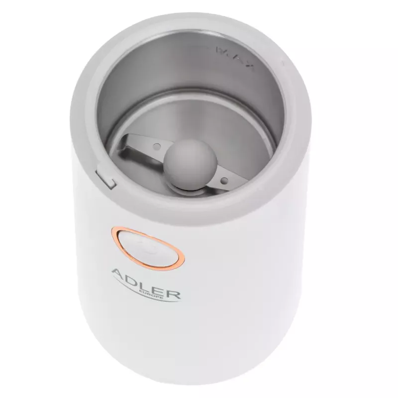 Młynek żarnowy Adler AD4446WG — elektryczny młynek do kawy, stalowe żarna, pojemnik na 75 g, 150 W, biały