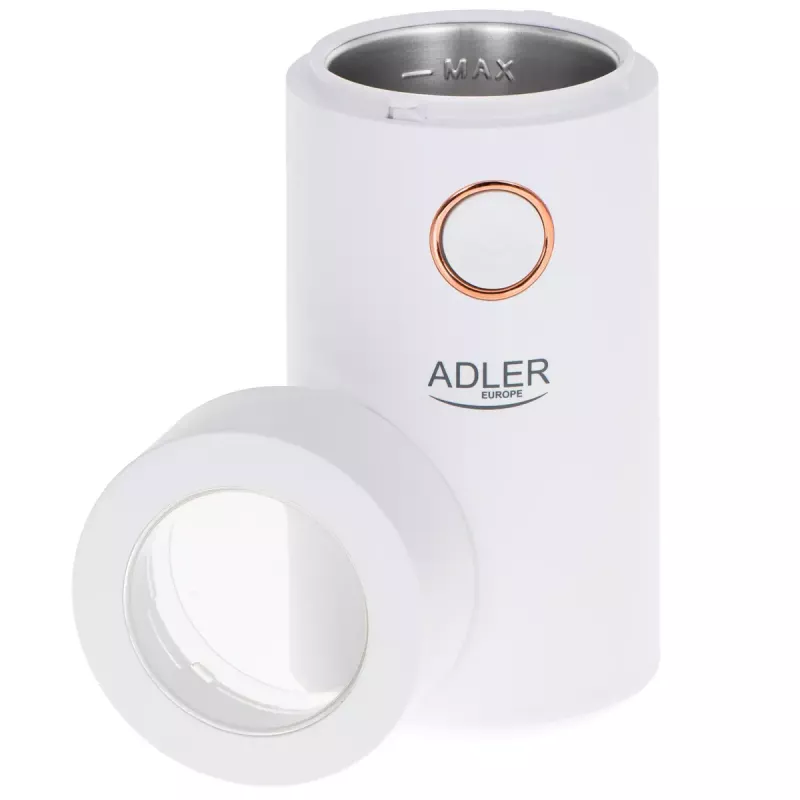 Młynek żarnowy Adler AD4446WG — elektryczny młynek do kawy, stalowe żarna, pojemnik na 75 g, 150 W, biały