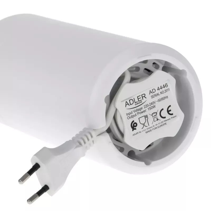Młynek żarnowy Adler AD4446WG — elektryczny młynek do kawy, stalowe żarna, pojemnik na 75 g, 150 W, biały