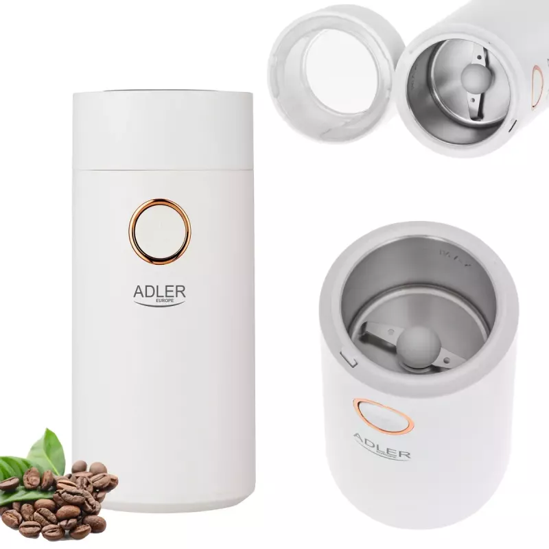 Młynek żarnowy Adler AD4446WG — elektryczny młynek do kawy, stalowe żarna, pojemnik na 75 g, 150 W, biały