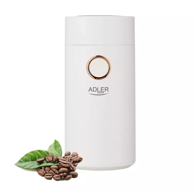 Młynek żarnowy Adler AD4446WG — elektryczny młynek do kawy, stalowe żarna, pojemnik na 75 g, 150 W, biały