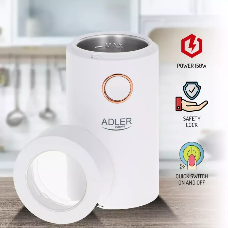 Młynek żarnowy Adler AD4446WG — elektryczny młynek do kawy, stalowe żarna, pojemnik na 75 g, 150 W, biały