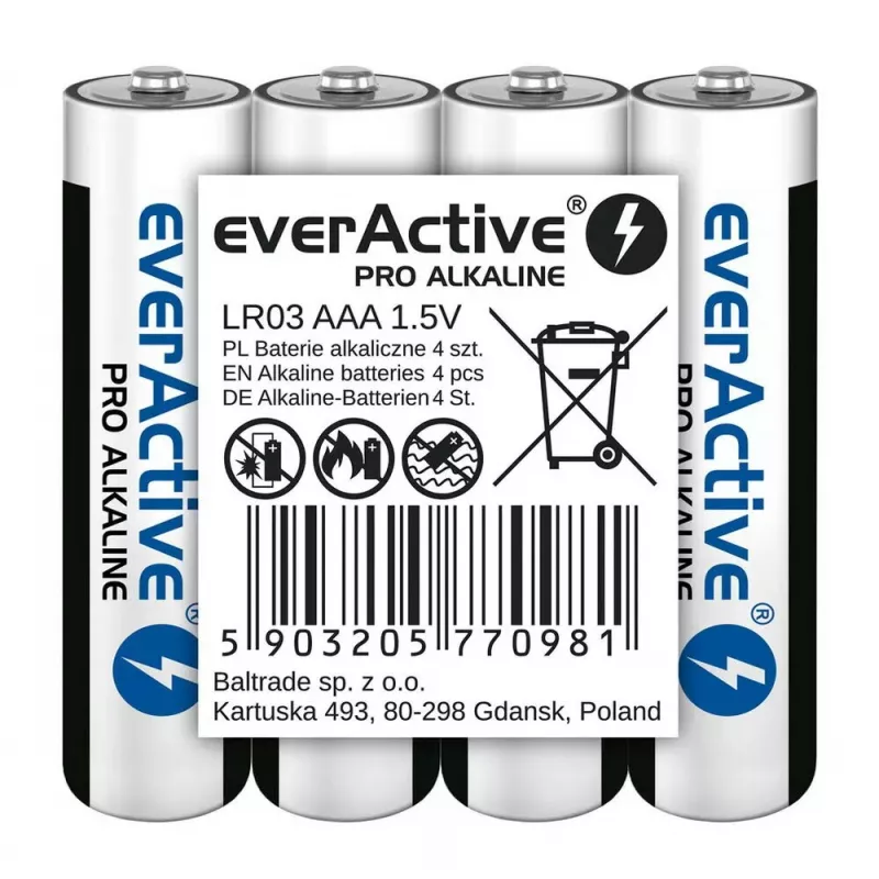 Alkaliczne baterie AAA everActive LR03PRO4T — 4 szt., 1,5 V, 1250 mAh, 44,5×10,5 mm