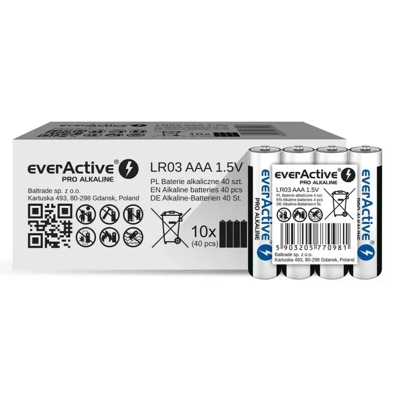 Alkaliczne baterie AAA everActive LR03PRO4T — 4 szt., 1,5 V, 1250 mAh, 44,5×10,5 mm