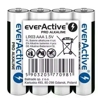 Alkaliczne baterie AAA everActive LR03PRO4T — 4 szt., 1,5 V, 1250 mAh, 44,5×10,5 mm