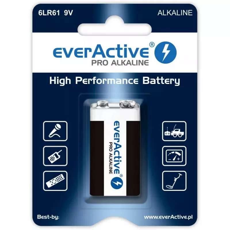 alkaliczna bateria 9V everActive EV6LR61-PRO, 9 V, 650 mAh, 26,4×48,5×16 mm, 1 szt.