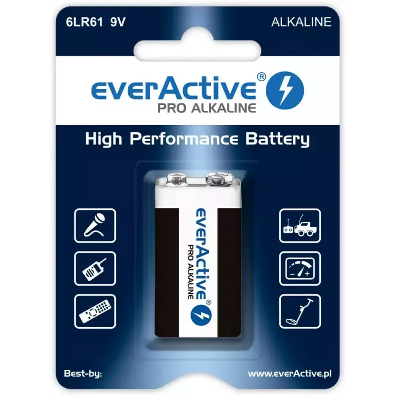 alkaliczna bateria 9V everActive EV6LR61-PRO, 9 V, 650 mAh, 26,4×48,5×16 mm, 1 szt.