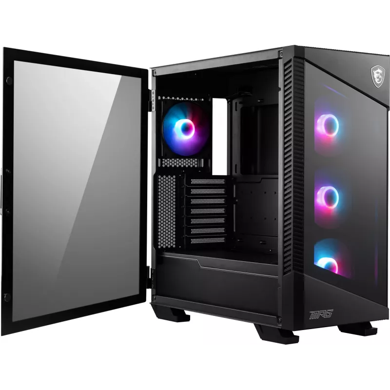 Obudowa PC MSI MPG VELOX 100R Mid Tower Czarna — ATX, 7 slotów rozszerzeń, 2× wnęki 3,5 cala, 2× wnęki 2,5 cala, USB-C