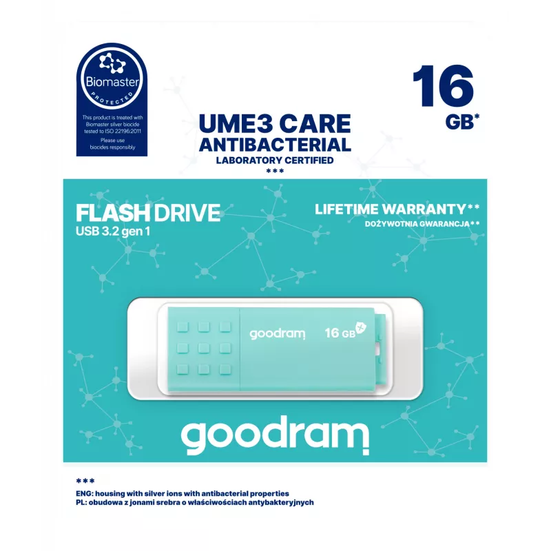 Pendrive GOODRAM UME3 CARE 16 GB USB typu A 3.2 Gen 1 (odczyt 60 MB/s, zapis 20 MB/s) turkusowy