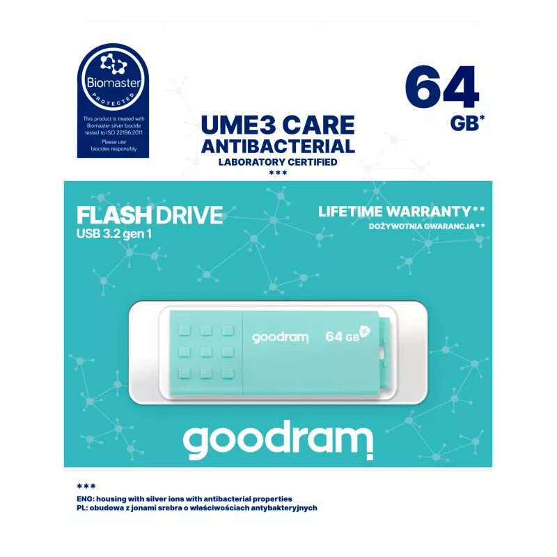 Pamięć USB GOODRAM 64 GB USB Type-A 3.2 Gen 1 UME3, turkusowa, odczyt 60 MB/s, zapis 20 MB/s