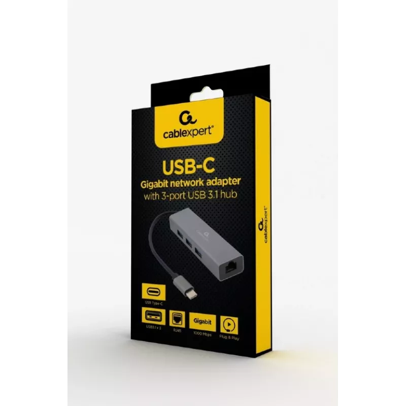 Adapter dokujący Gembird A-CMU3-LAN-01 — USB-C 3.2 Gen 1, 1× Gigabit LAN, 3× USB-A, metalowa obudowa, szary