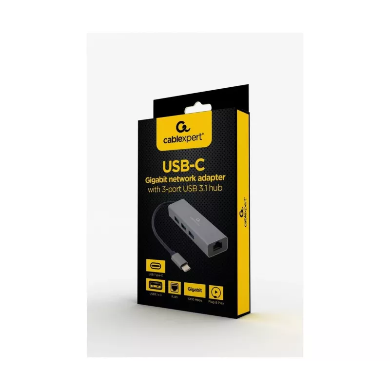 Adapter dokujący Gembird A-CMU3-LAN-01 — USB-C 3.2 Gen 1, 1× Gigabit LAN, 3× USB-A, metalowa obudowa, szary