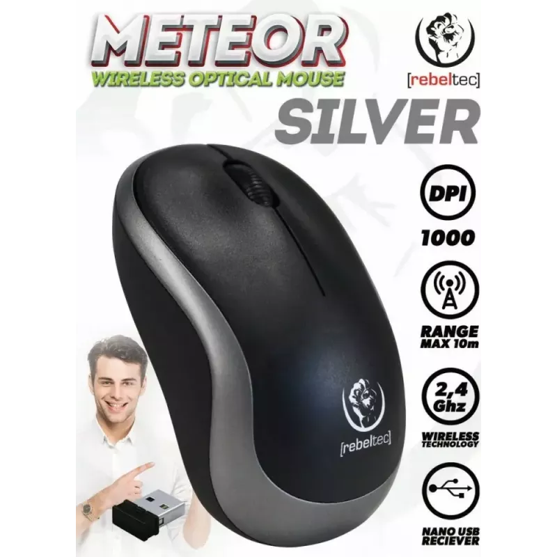 Bezprzewodowa mysz optyczna Rebeltec METEOR srebrna RBLMYS00050 USB