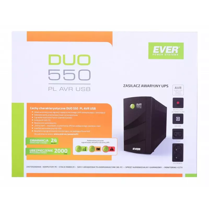 Zasilacz awaryjny UPS EVER DUO 550 PL AVR USB 550VA, 0,55 kVA / 330 W, Line-Interactive, 3× gniazda C13, akumulator 12V 5Ah
