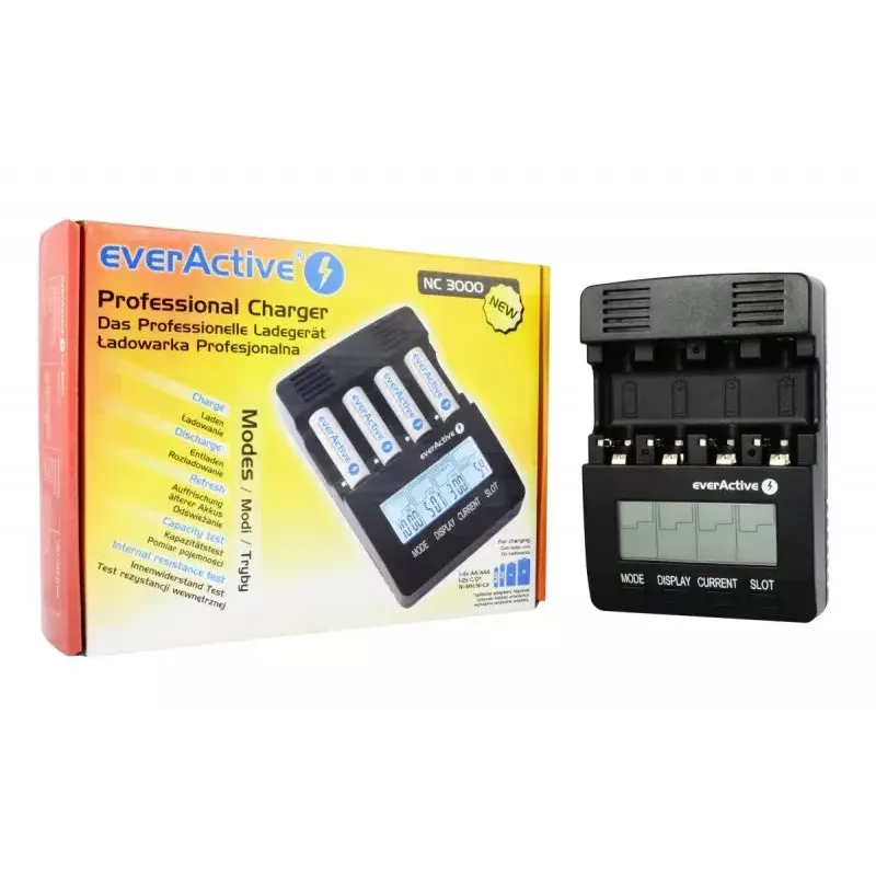Ładowarka do akumulatorów everActive NC-3000 — uniwersalna ładowarka do AA/AAA/C/D (4-komorowa) czarna, 100–240 V