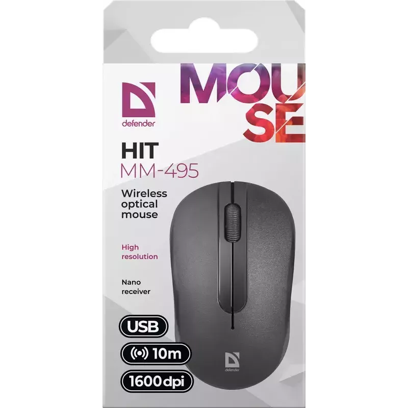 Bezprzewodowa mysz optyczna DEFENDER HIT MM-495 RF, oburęczna, 1600 DPI, odbiornik USB RF, czarna