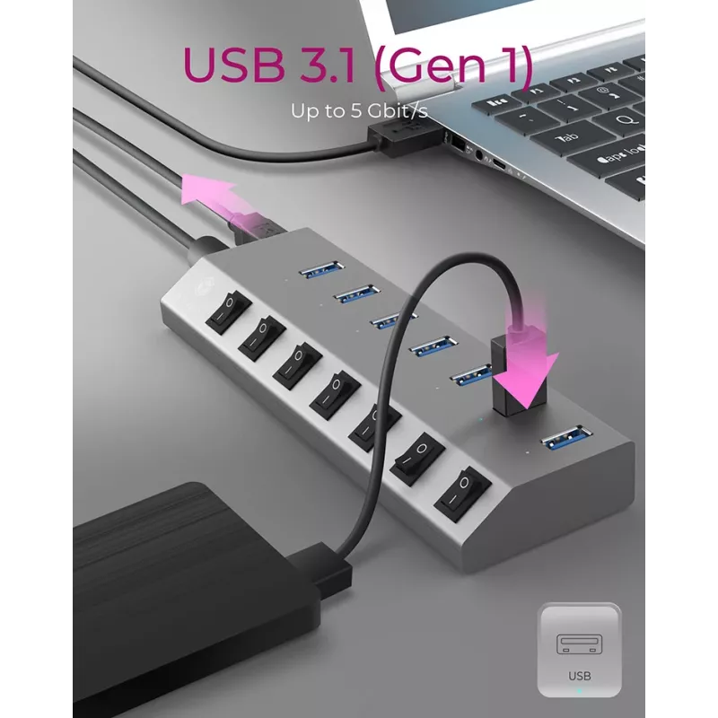 ICY BOX IB-HUB1701-C3 USB 3.2 Gen 1 (3.1 Gen 1) Type-B 5000 Mbit/s Antracytowy