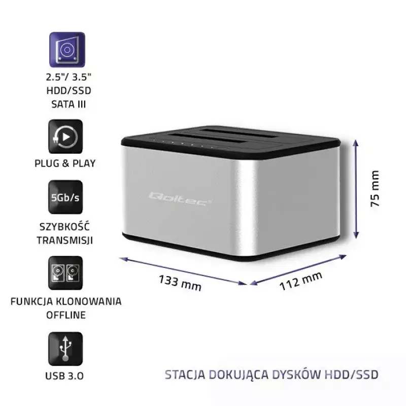 Stacja dokująca QOLTEC 5316 na 2x 2,5/3,5 cala HDD/SSD, SATA, USB 3.0 (5 Gb/s), obudowa aluminiowa