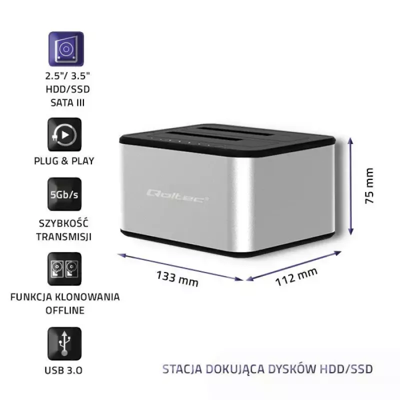 Stacja dokująca QOLTEC 5316 na 2x 2,5/3,5 cala HDD/SSD, SATA, USB 3.0 (5 Gb/s), obudowa aluminiowa