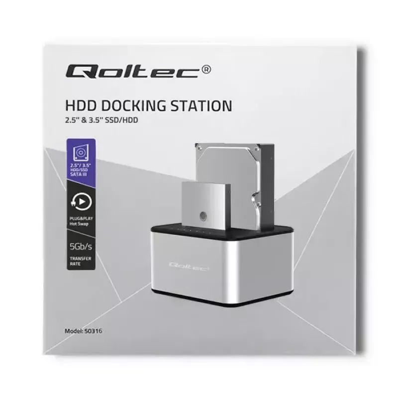 Stacja dokująca QOLTEC 5316 na 2x 2,5/3,5 cala HDD/SSD, SATA, USB 3.0 (5 Gb/s), obudowa aluminiowa