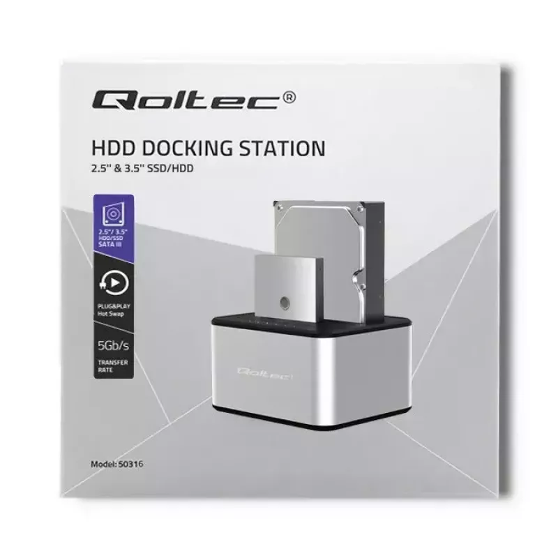 Stacja dokująca QOLTEC 5316 na 2x 2,5/3,5 cala HDD/SSD, SATA, USB 3.0 (5 Gb/s), obudowa aluminiowa