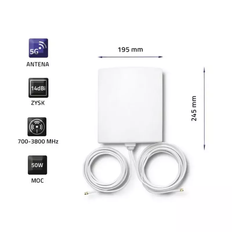 Kierunkowa antena zewnętrzna 5G LTE QOLTEC 57022 — 14 dBi, 700–3800 MHz, 50 Ω, obudowa miedziana