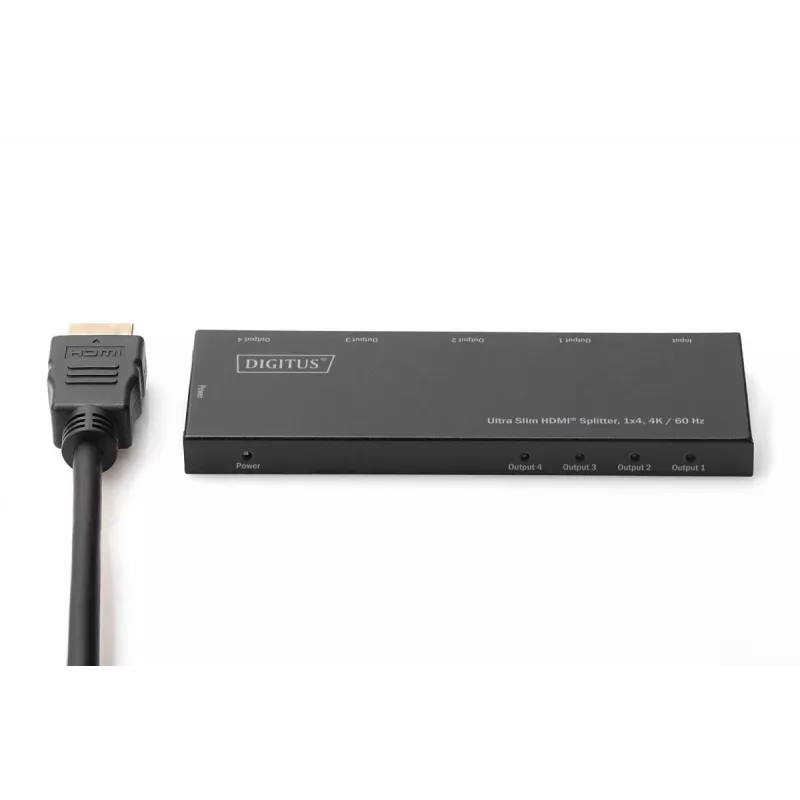 Rozdzielacz HDMI DIGITUS Ultra Slim, 1x4, 4K/60Hz HDR, HDCP 2.2, 18 Gbps, zasilany przez Micro USB