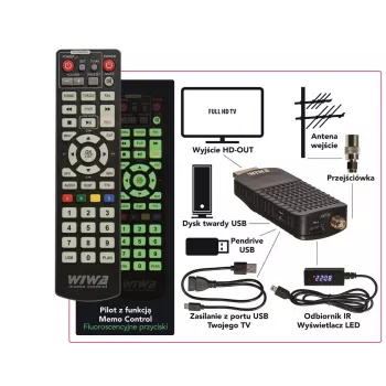 Odbiornik DVB-T/DVB-T2 WIWA H.265 MINI — Cyfrowy tuner naziemny H.265 HD, Full HD, HDMI, USB, 5V/1.5A
