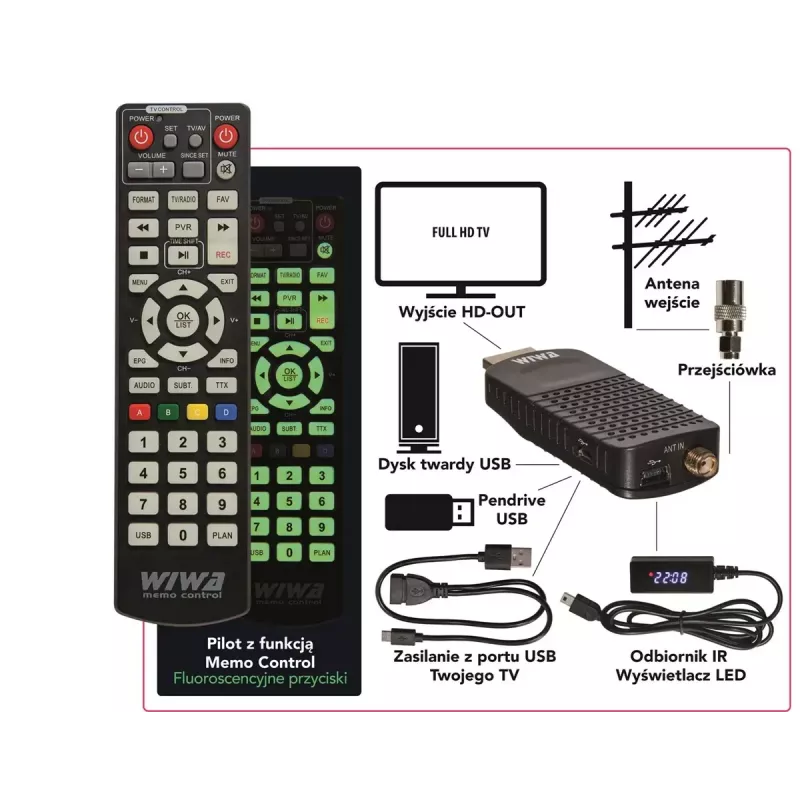 Odbiornik DVB-T/DVB-T2 WIWA H.265 MINI — Cyfrowy tuner naziemny H.265 HD, Full HD, HDMI, USB, 5V/1.5A